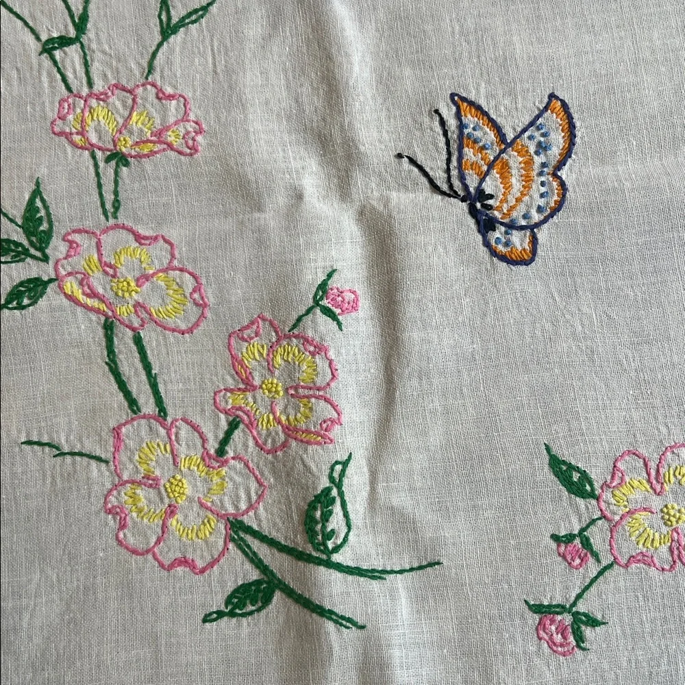 Vintage square embroidered table cloth, likely to be for a card table 38” X 39”